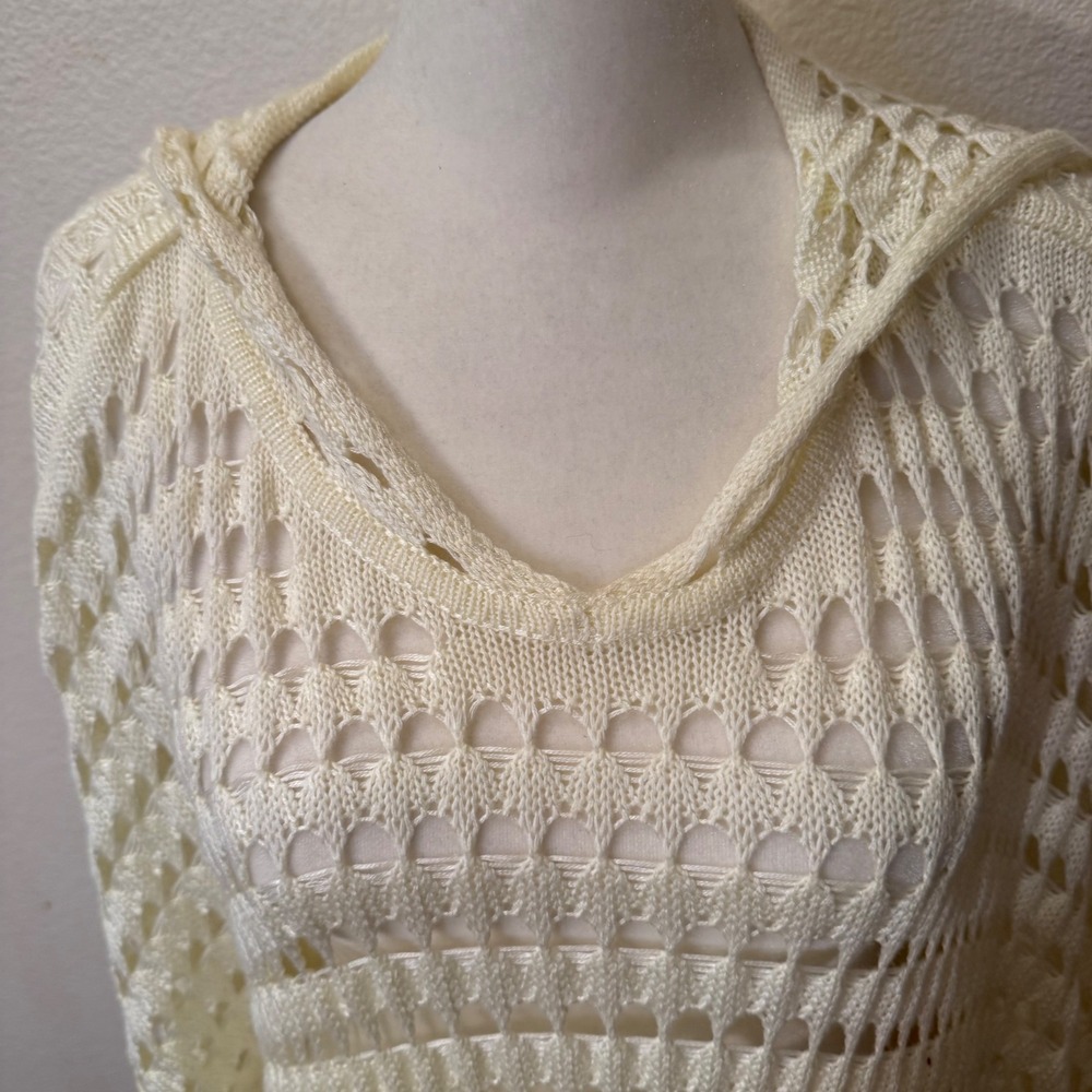 Boho Beachy Fringe Hooded Crochet Poncho Women OS Butter Yellow Knit - Picture 7 of 8